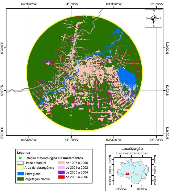 Figura 3 Dinâmica do desmatamento na área de estudo Tabela 1 Desflorestamento na área de estudo no período de 1997 a 2006. DESFLORESTAMENTO (ha) UF Até 1997 2000 2003 2006 Amazonas AM 22.571,9 29.