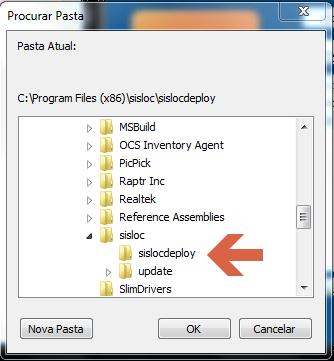 7.4. Nessa opção é realizada a seleção de dois diretórios: onde serão copiados os dados para as atualizações de máquinas clientes (C:\Program Files (x86)\sisloc\update\sislocdeploy) e o diretório de