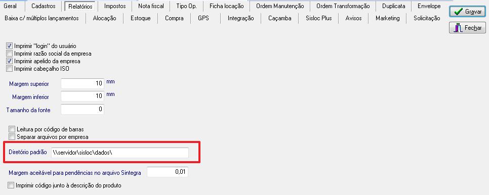 Acesse o sistema Sisloc, através do servidor, e nas configurações gerais (Iniciar -> Opções -> Parâmetros -> Gerais) aba Geral informe o