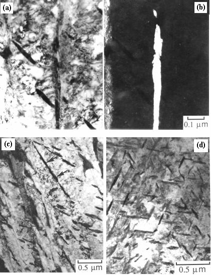 51 Figura 4 (a-c) Fe-0,3 carbono - 4,08 cromo em peso; (a) bainita obtida por transformação isotérmica por um período de tempo pequeno (435º C, 10 min), mostra partículas de cementita dentro das