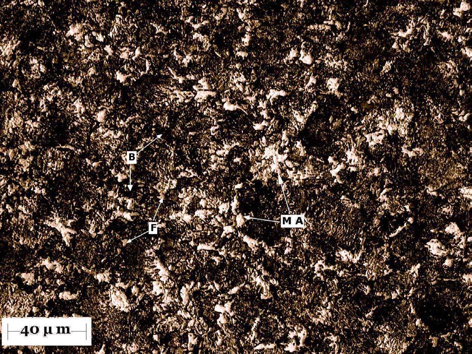 81 Figura 14 Micrografia do aço AISI 4340 aquecido 850º C por 900s e com transformação isotérmica a 450º C por 600s, após ataque com reagente LePera, onde o constituinte MA (martensita e austenita