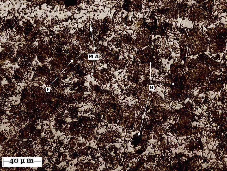 82 Figura 15 Micrografia do aço AISI 4340 aquecido 740º C por 1800s e com transformação isotérmica a 350º C por 600s, após ataque com reagente LePera, onde o constituinte MA (martensita e austenita