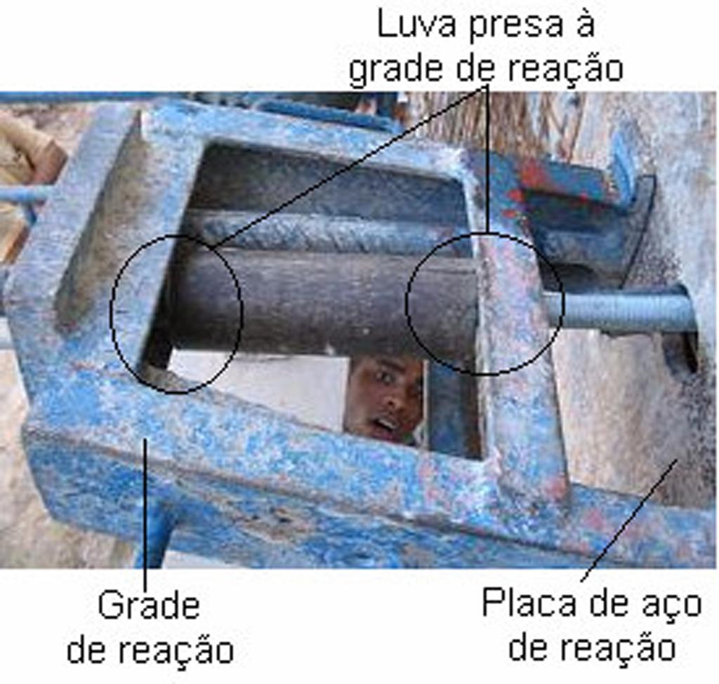 6 Resultados dos ensaios de arrancamento 161 a) Detalhe da luva presa à grade de reação Figura 78 Luva presa à grade de reação no ensaio M1-3 b) Detalhe do arrancamento do miolo (rosca) da luva