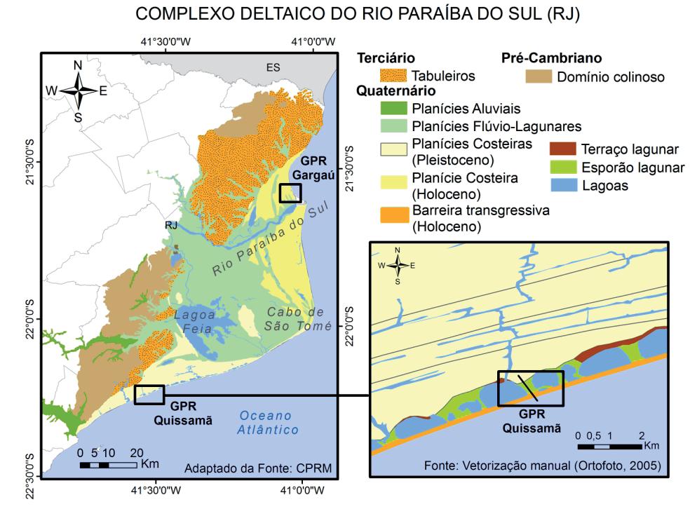 Barreiras Costeiras Holocênicas: Geomorfologia e Arquitetura Deposicional no Litoral do Rio de Janeiro Resultados Delta do Paraíba do Sul (Gargaú) A extensa planície costeira mapeada está ancorada