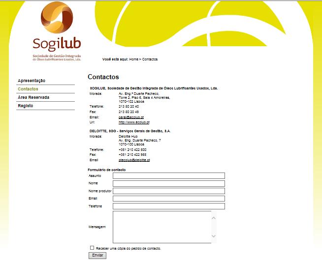 2. Secção pública aspecto gráfico 2.1. Secção pública (área visível a qualquer utilizador que aceda ao portal). É constituída por: 2.2. Apresentação da Sogilub Área de Menu Área de Conteúdos Figura 1 página de apresentação 2.