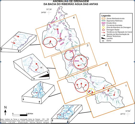 Figura 2: Mapa de anomalias de drenagem da bacia do ribeirão Água das Antas.