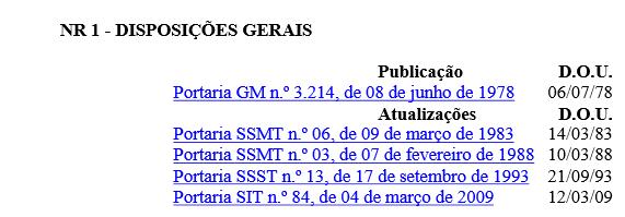 NR 01 DISPOSIÇÕES GERAIS Esta norma não sofreu alterações recentes. A última foi em março de 2009.