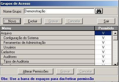 Confirme a senha: confirme a senha digitada no campo anterior Grupo: grupo de acesso que o usuário pertence Grupos de Acesso: permite realizar manutenção no cadastro de grupos