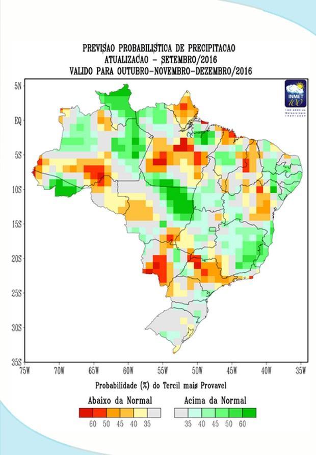 Mapa do Inmet mostra a previsão de chuvas para os próximos três meses no Brasil (Foto: Inmet/Reprodução) Por exemplo, em alguns estados do Nordeste, como Rio Grande do Norte, Paraíba, Pernambuco,