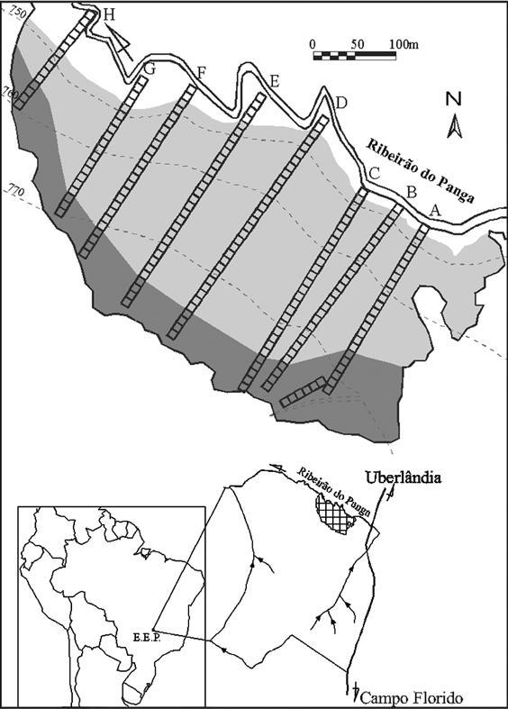 Figura 1.2. Localização do gradiente florestal estudado, fitofisionomias e trasectos na Estação Ecológica do Panga, Uberlândia, MG.