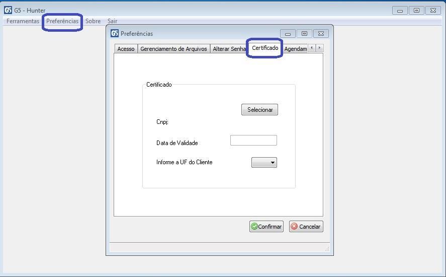 Módulo Hunter Download Automático de NFE Para que o Download da Nfe seja automático é necessário efetuar as configurações abaixo: Acesse o Menu Preferências, clique sobre a Aba Certificado Clique
