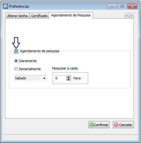 No quadro Agendamento de pesquisa ao marcar essa opção será possível determinar que a pesquisa da NFE seja de forma automática, seja ela diariamente ou através da escolha de um dia da semana que