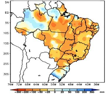 Em Mato Grosso do Sul, as precipitações totalizaram de 50 a 100 milímetros no acumulado do mês passado. No extremo sul do estado, as chuvas não ultrapassaram os 25 milímetros neste período.