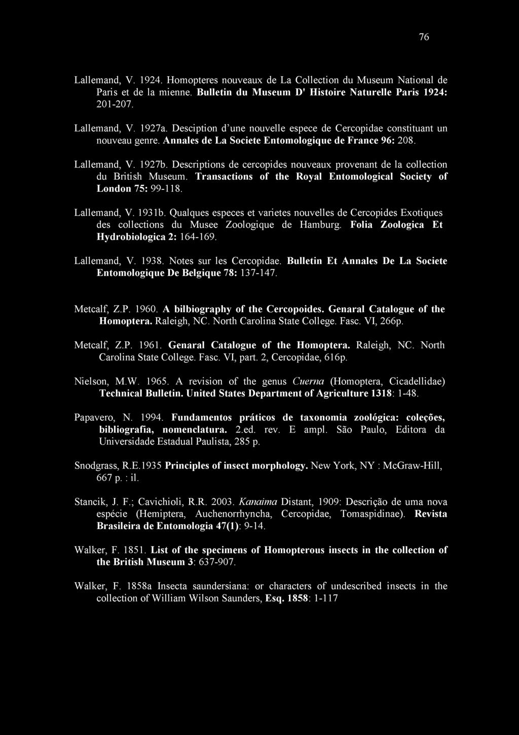 Descriptions de cercopides nouveaux provenant de la collection du British Museum. Transactions of the Royal Entomological Society of London 75: 99-118. Lallemand, V. 1931b.