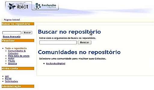 Figura 1: Tela inicial do Repositório de Inclusão Digital Fonte: protótipo do Repositório de Inclusão Digital A comunidade é o primeiro nível hierárquico de acordo com a arquitetura de informação do