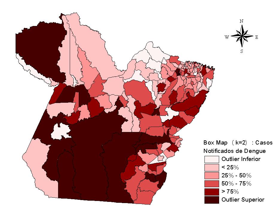 3 Resultados e Discussão De acordo com a Figura 2 (a), que apresenta o Box mapa dos casos notificados de dengue no estado do Pará, pode-se observar que os municípios que apresentaram uma quantidade