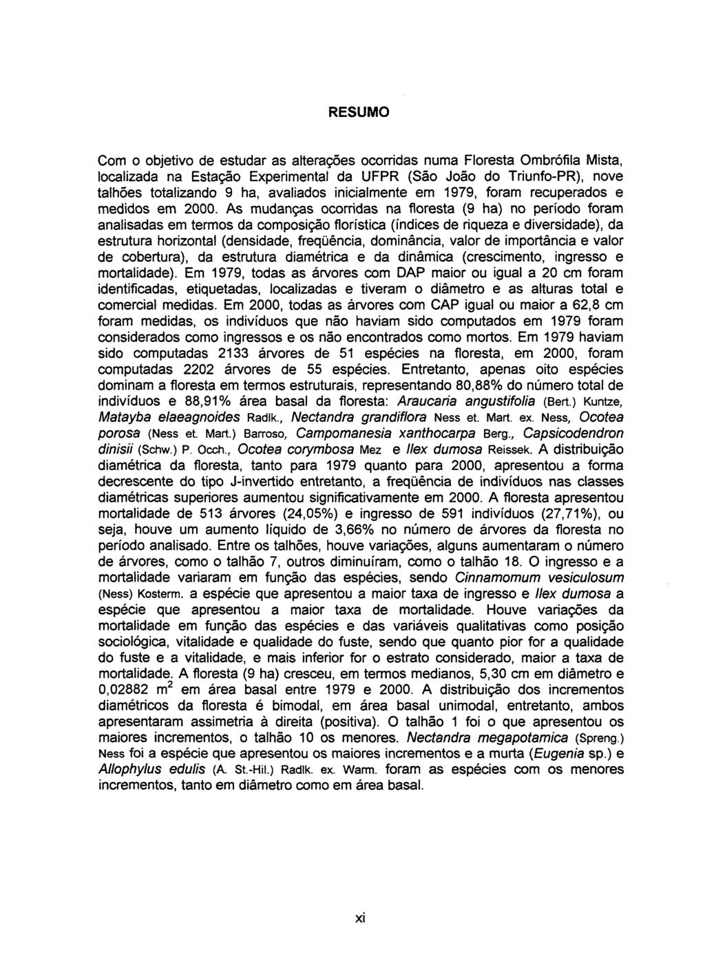 RESUMO Com o objetivo de estudar as alterações ocorridas numa Floresta Ombrófila Mista, localizada na Estação Experimental da UFPR (São João do Triunfo-PR), nove talhões totalizando 9 ha, avaliados