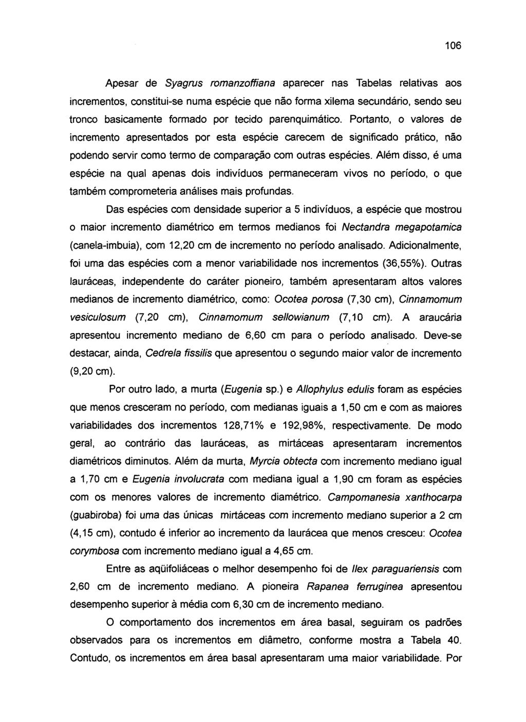 106 Apesar de Syagrus romanzoffiana aparecer nas Tabelas relativas aos incrementos, constitui-se numa espécie que não forma xilema secundário, sendo seu tronco basicamente formado por tecido