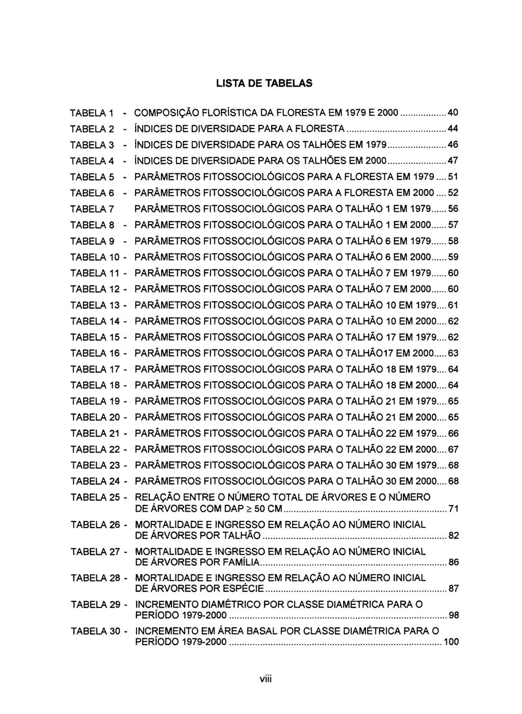 LISTA DE TABELAS TABELA 1 - COMPOSIÇÃO FLORÍSTICA DA FLORESTA EM 1979 E 2000 40 TABELA 2 - ÍNDICES DE DIVERSIDADE PARA A FLORESTA 44 TABELA 3 - ÍNDICES DE DIVERSIDADE PARA OS TALHÕES EM 1979 46