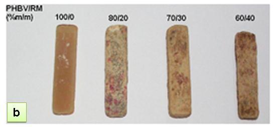 PHBV/RM: a) sem biodegradação; b)
