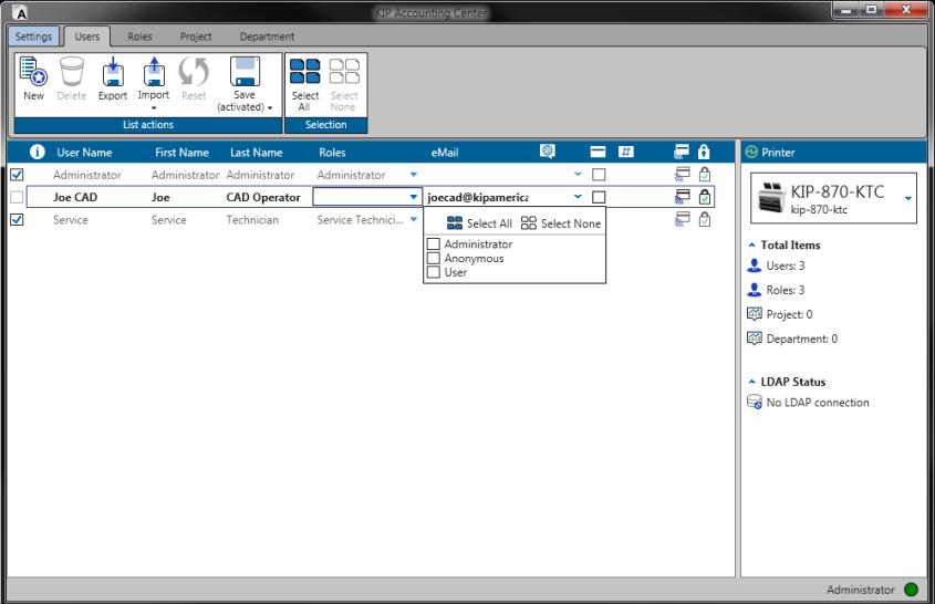 Controle de Acesso Baseado em Função KIP System K Guia de Início Rápido Existem 3 grupos de função de sistema predefinidos; "Administrador", "Usuário" e "Anônimo".