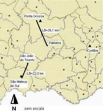 66 foram coletados 6 pontos com 2 bases e para esta pesquisa foram selecionados 4 pontos e 2 bases. PT01: localiza-se no município de Palmeira. PT02: localiza-se no município de Palmeira.