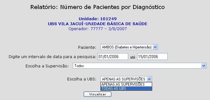 Se selecionarmos todas as Supervisões Técnicas de Saúde, podemos visualizar o Relatório de todas as UBS ou apenas das Supervisões. Clicamos no botão Visualizar.