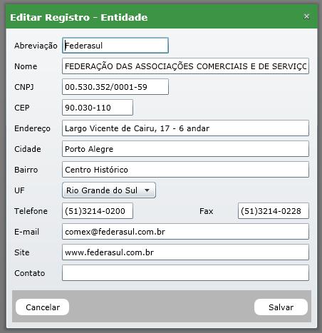 Ações do registro.