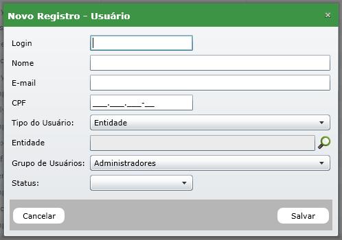 Para cadastrar um novo usuário clique no botão Novo, isto abrirá a seguinte tela: Tela para