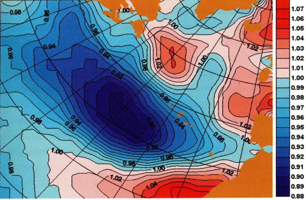 Modelo MAR3G forçado com ventos do HadCM3 - Hadley Centre Razão entre a altura significativa das ondas com