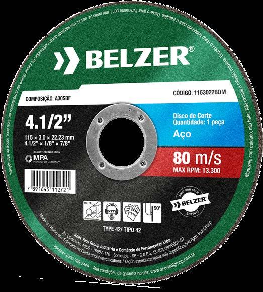 Discos Abrasivos os discos abrasivos Belzer possuem alto desempenho e segurança certificada, resultando em cortes/desbastes rápidos e suaves.
