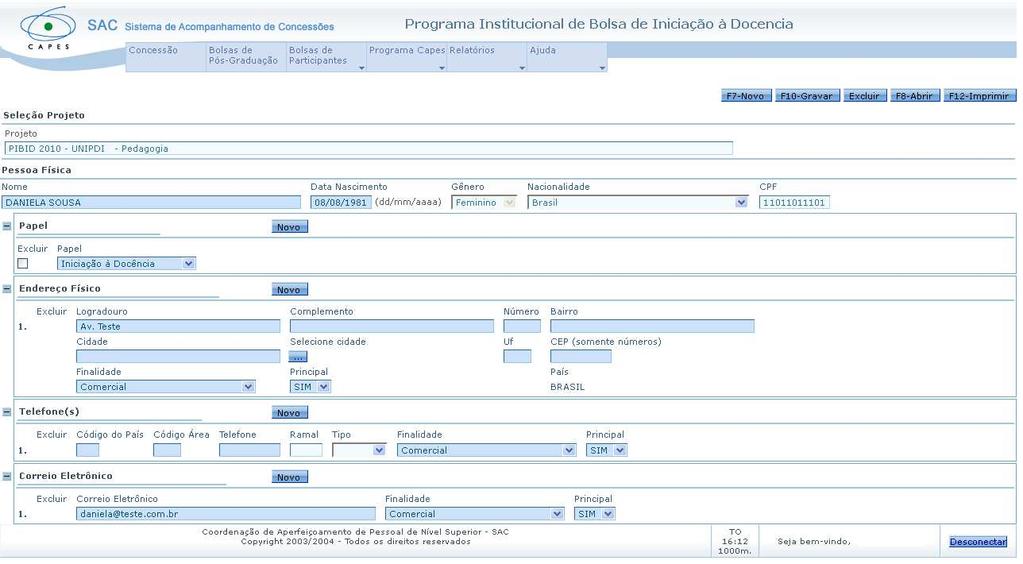 Ao clicar sobre o nome, o usuário deverá completar os dados do participante.