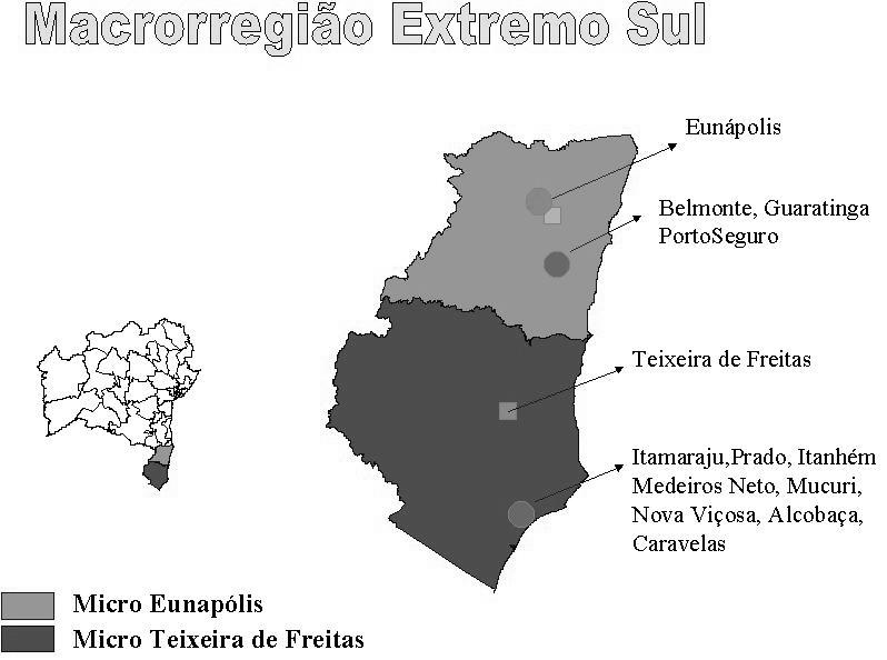 Regionais de Saúde: Gandú (5ª DIRES), Ilhéus (6ª DIRES), Itabuna (7ª DIRES), Jequié (13ª DIRES) e Itapetinga (14ª DIRES) A região do Extremo-Sul, de vocação eminentemente