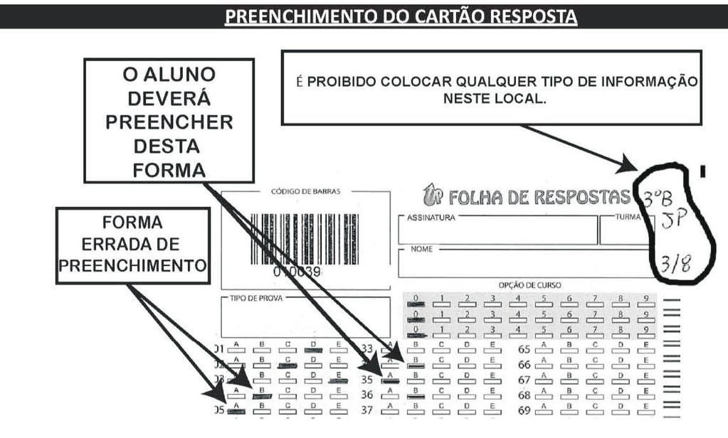 totalmente preenchido, conforme esquema abaixo 5 O preenchimento incorreto do gabarito implicará na anulação da questão ou de todo o gabarito 6 Durante a prova, o aluno não poderá manter nada em cima