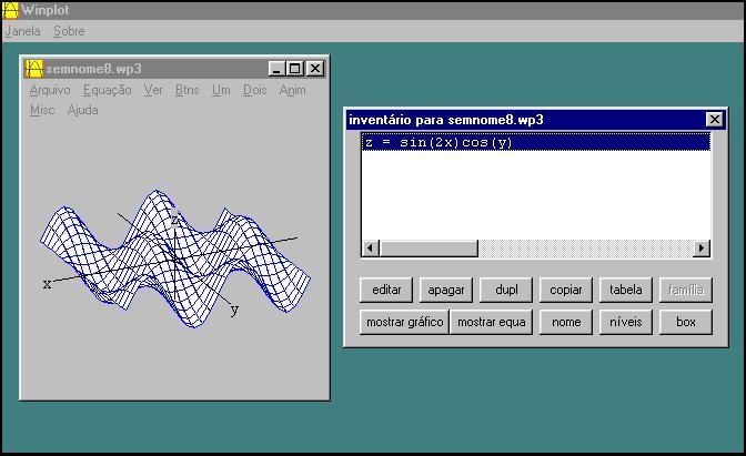 Interface do software Winplot Competências trabalhadas: funções do tipo z = f (x, y ) exemplos: z = x z = x 2 + y 2 z =