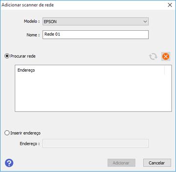 Você verá uma tela como esta: 4. Execute um dos seguintes procedimentos: Sob Procurar rede, selecione o endereço IP da unidade de interface de rede da Epson e clique em Adicionar.