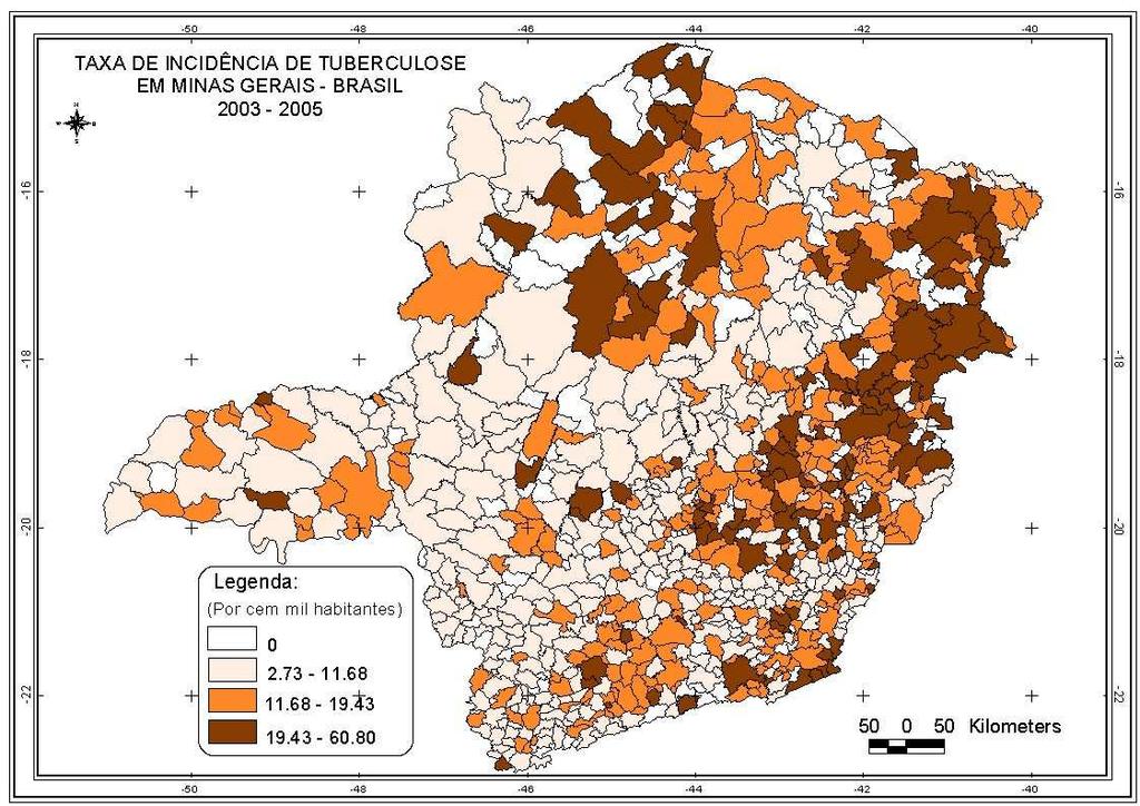 5.4 Tuberculose 5.4.1 Distribuição espacial da tuberculose em Minas Gerais Segundo dados do SINAN, a tuberculose em Minas Gerais está perdendo magnitude, em 1996 a taxa de incidência do estado era de
