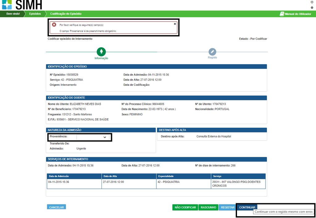 Todavia, o sistema permite avançar com o registo do