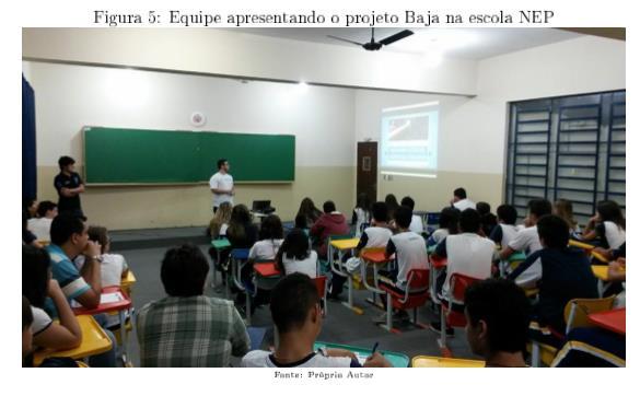 Apresentação do projeto aos alunos do 2 ano do Ensino Médio no Colégio NEP Objetivo na cidade de Ilha Solteira, nessa palestra 3 integrantes do Baja foram responsáveis pela divulgação e explanação da