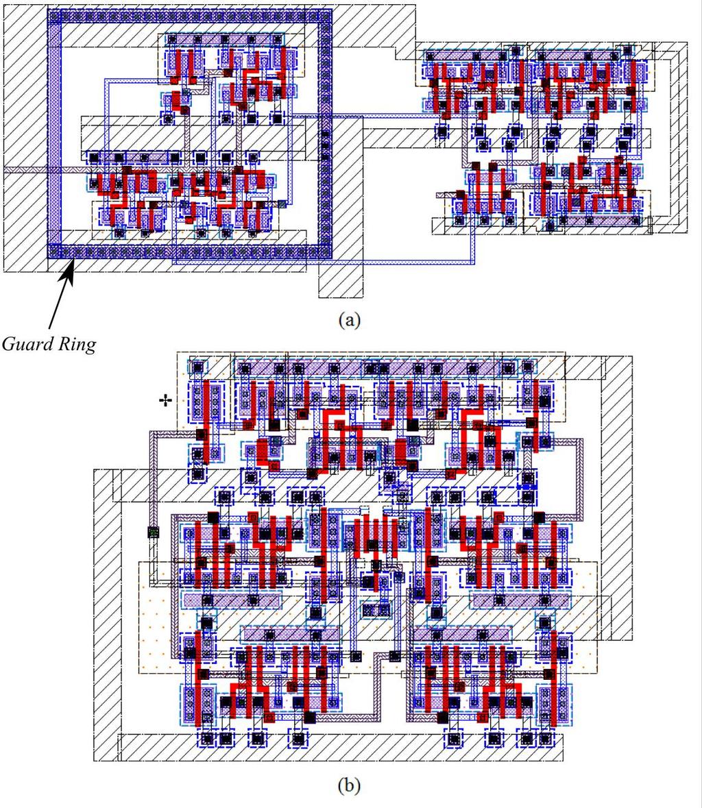 Os inversores utilizados nesses layouts são inversores da biblioteca padrão disponibilizada pela AMS, assim como a porta NAND de 4 entradas utilizada na versão com 3 D-FFs do Prescaler.