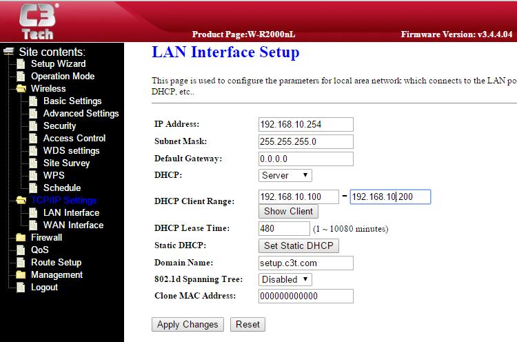 3. Alterando IP do roteador Navegue até TCP/IP Settings depois em LAN Interface. Deixe os campos com os seguintes valores IP Address: 192.168.10.