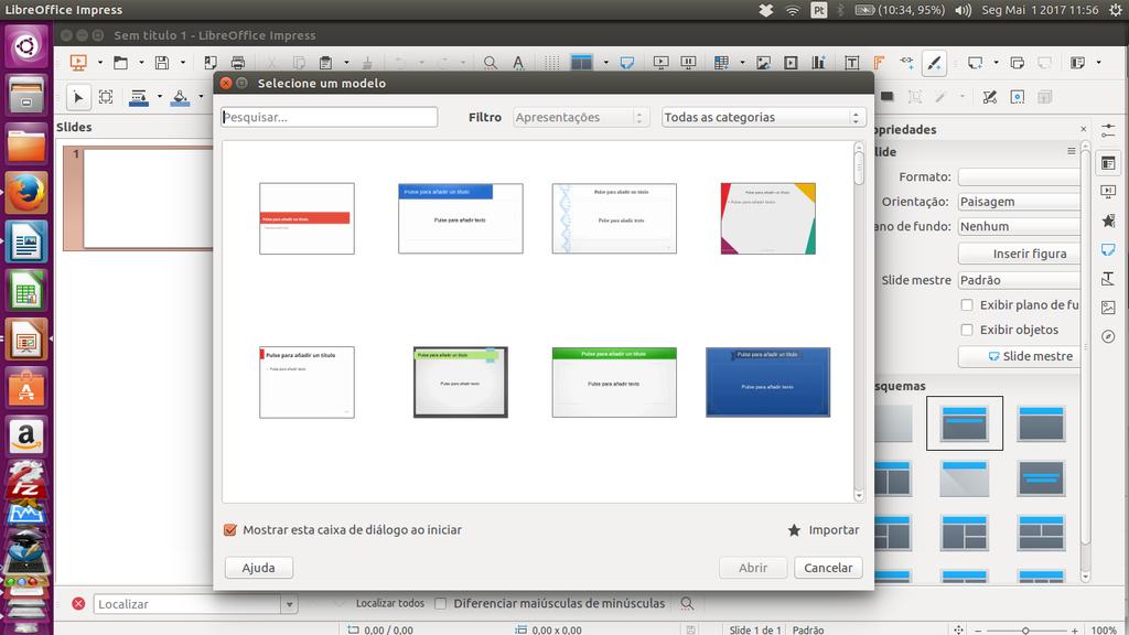 Página Mestre (Master Slide) Figura 98: Modelos prontos. Ao abrir uma nova apresentação o Impress lhe oferece alguns modelos que já vêm prontos para uso, como pode ser visto na Figura 98.