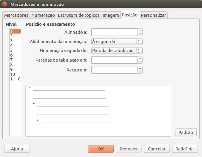 distâncias em relação à margem, de todos os dez níveis de marcadores que podem existir em nosso documento.