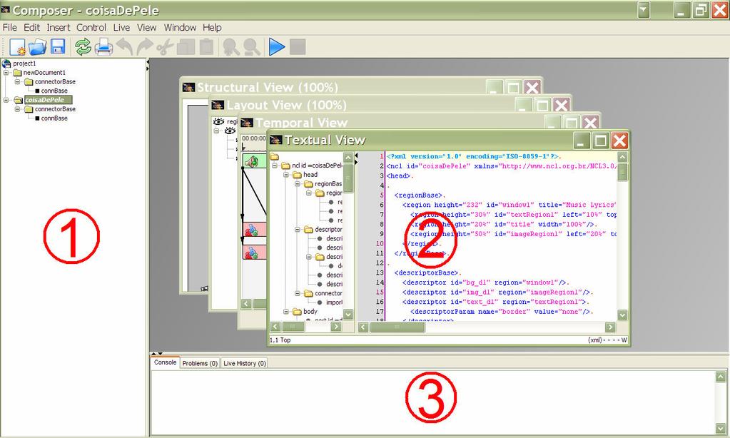Implementação 54 Figura 19 - Interface gráfica do Composer A Figura 20 apresenta a barra de menus e a barra de ferramentas da interface gráfica do Composer.
