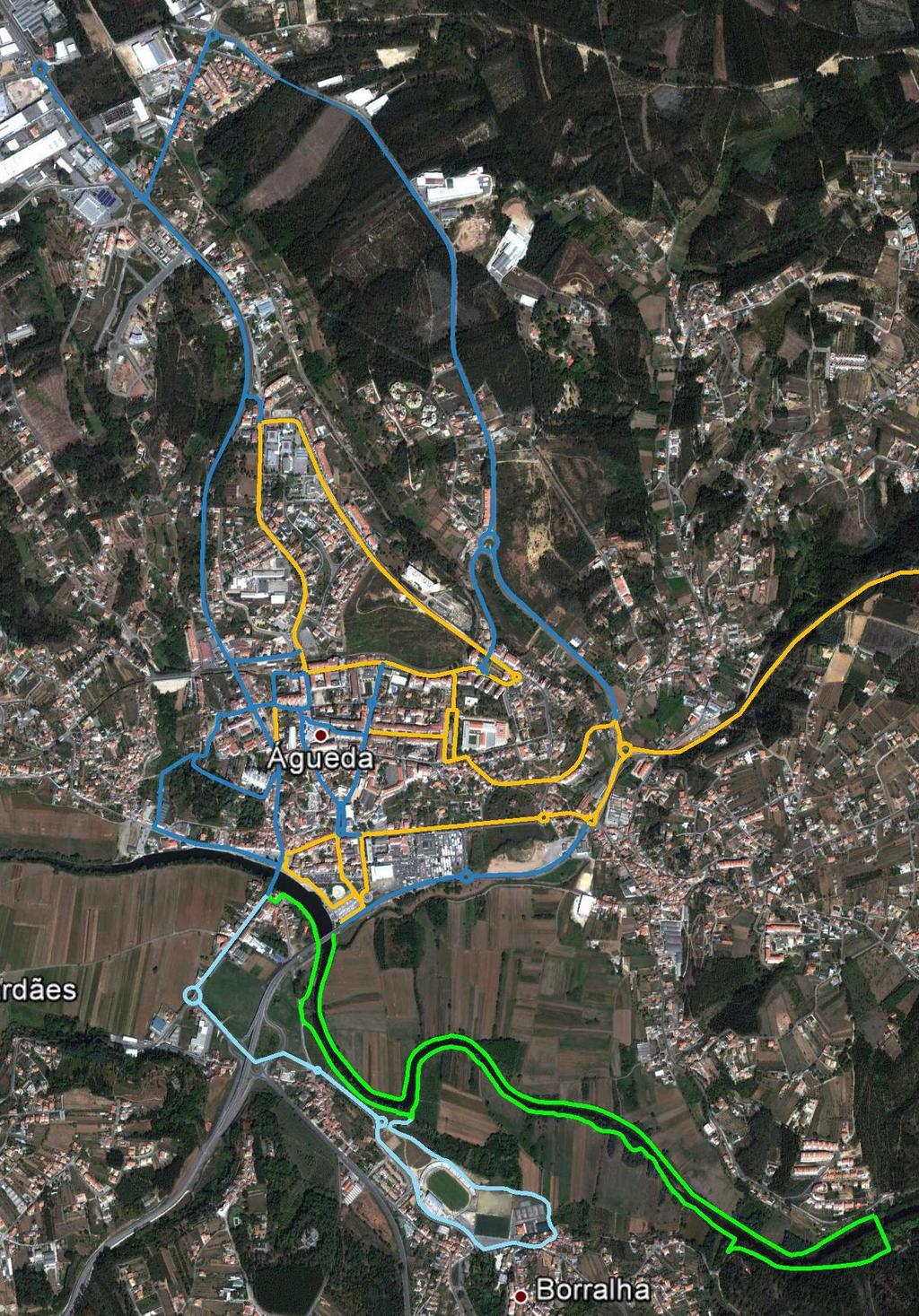 Figura 46 Rede de percursos cicláveis na cidade de Águeda (existentes e previstos) de acordo com a sua função principal (mobilidade quotidiana, lazer ou mista) N Percursos Cicláveis de Mobilidade