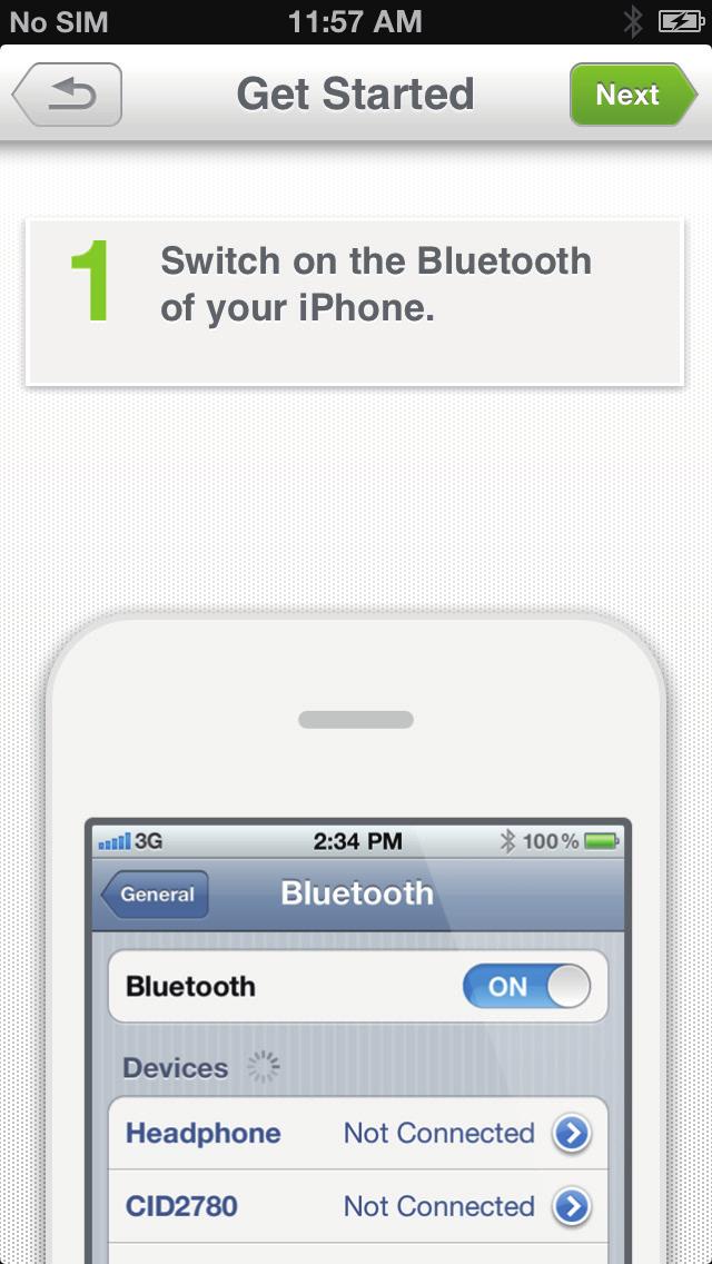 Nota Antes de configurar, certifique-se de que o Bluetooth esteja ativado em seu iphone 4S/iPhone 5/Novo ipad, e o indicador de energia no dispositivo InRange pisque em