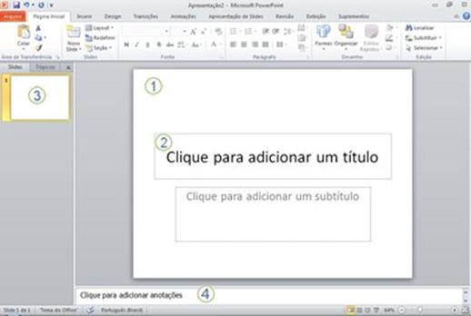 Informática MICROSOFT POWERPOINT 2010 O espaço de trabalho, ou Modo de Exibição Normal, foi desenvolvido para ajudá-lo a encontrar e usar facilmente os recursos do Microsoft PowerPoint 2010.