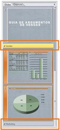 No Microsoft PowerPoint 2010, é possível usar o novo recurso Seções para organizar seus slides, muito semelhante à maneira como você usa pastas para organizar os seus arquivos.