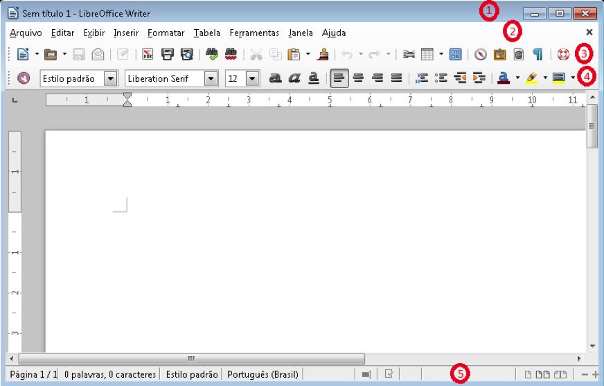 Informática COMPARANDO MICROSOFT WORD E LIBREOFFICE WRITER 4.3 Tela Inicial O LibreOffice Writer tem Barra de Menu, Barra de Ferramentas Padrão e Barra de Ferramentas de Formatação.