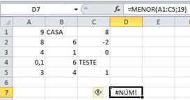 =MENOR(A1:C5;19) MODO Retorna o valor que ocorre com mais frequência em uma matriz ou intervalo de dados. Sintaxe =MODO(núm1;núm2;...) Núm1, núm2,.
